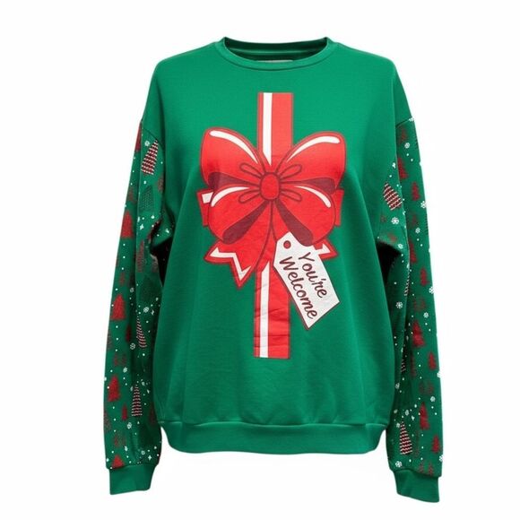 NWOT Holidays Women’s Green Christmas with Red Bow Print Sleeves Sweatshirt- XL - Picture 1 of 6